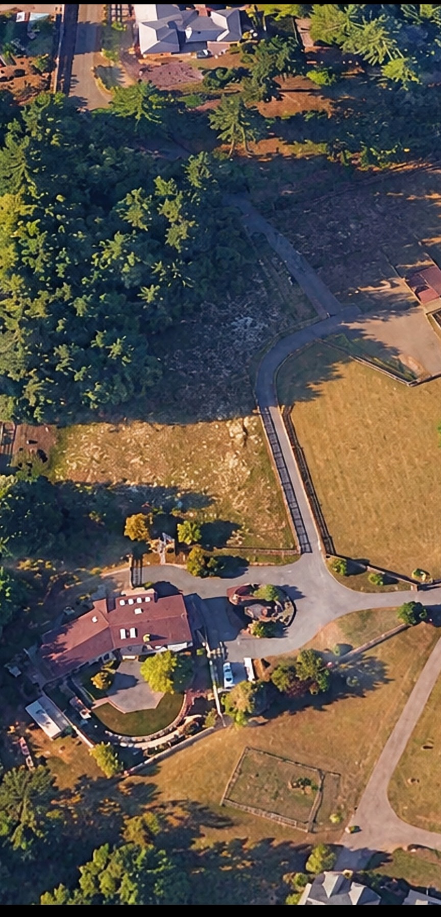 Aerial showing the Wallace house, curving drive, gardens, and wooded setting, without depicting property boundaries