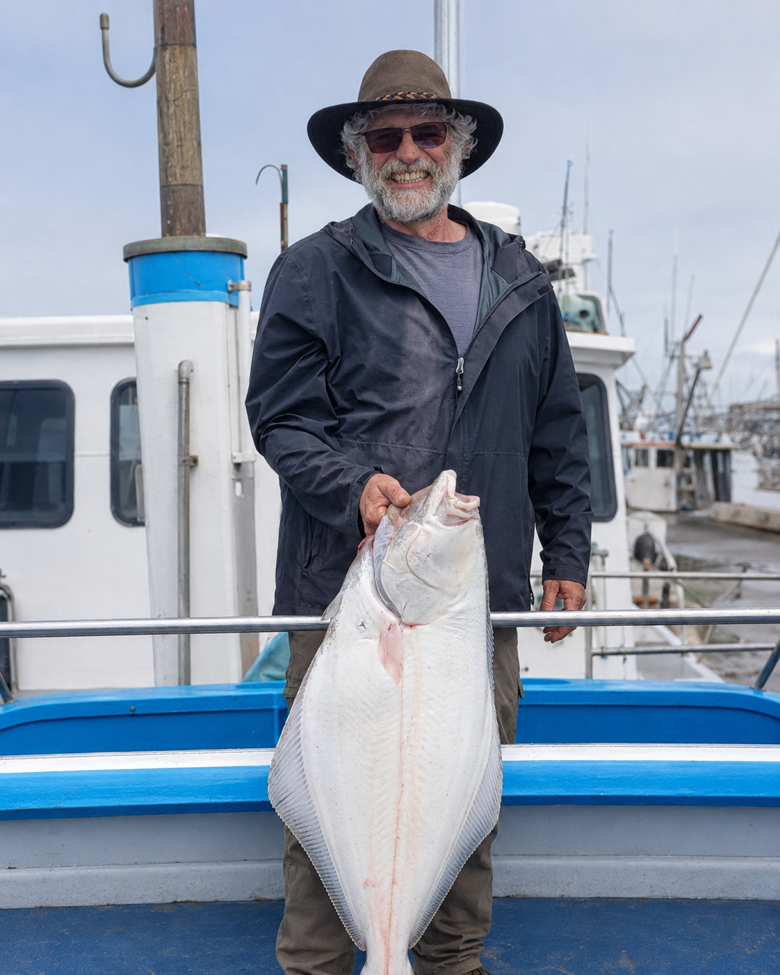 Keith Hamm, owner of Living Earth Landscapes, on a boat holding a halibut caught off the Humboldt County coast