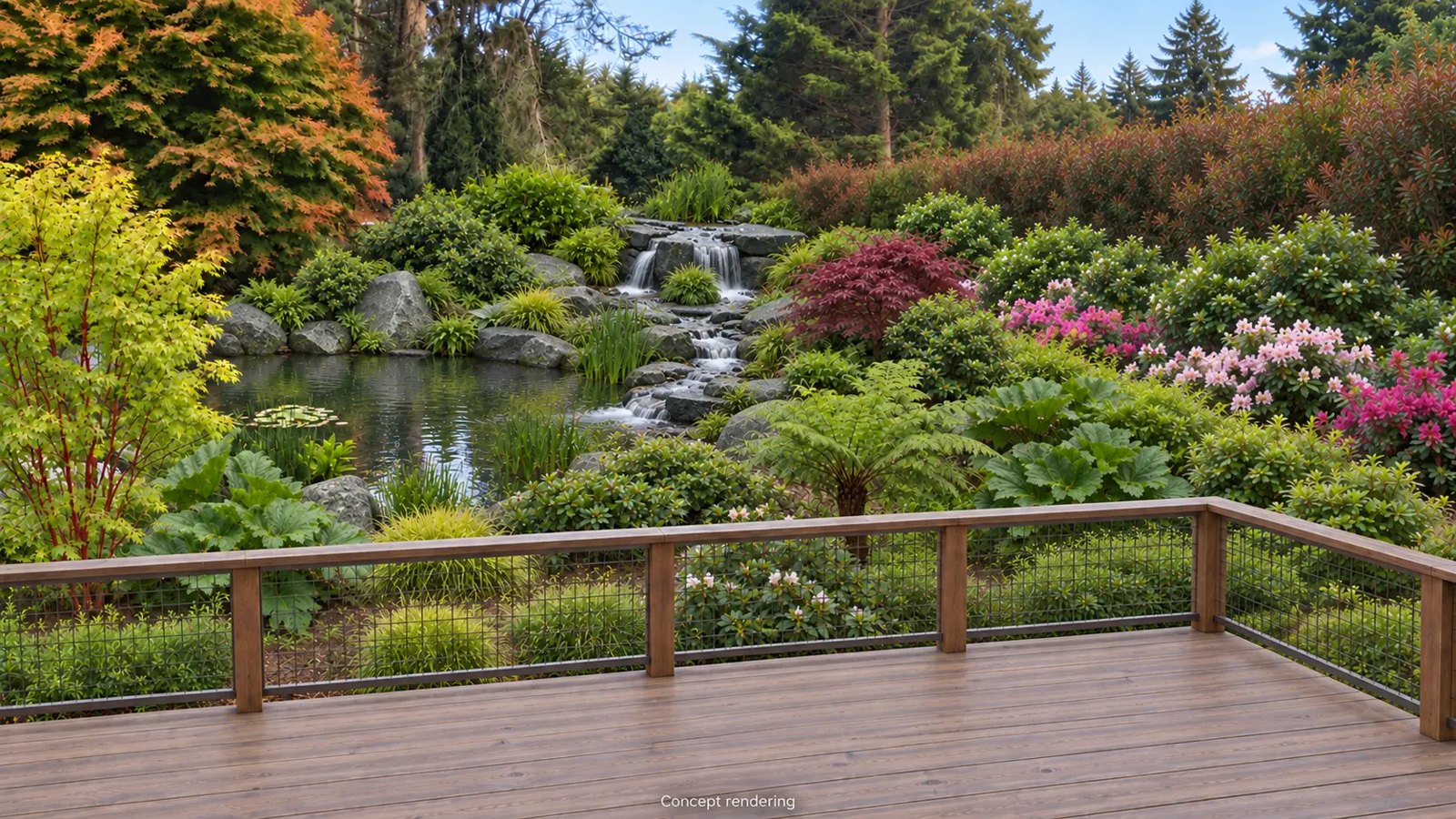 Concept rendering of a pond, waterfall, deck, and layered planting