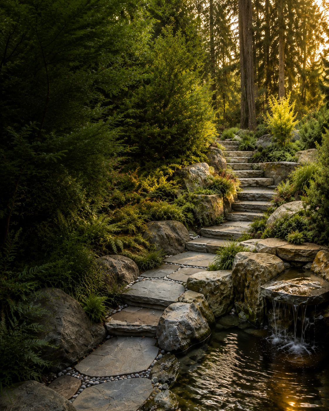 Flagstone steps winding beside a stone waterfall and pond through a shaded conifer garden at sunset